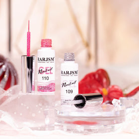 Close-up of RARJSM Gel Liner hot pink glitter polish bottle