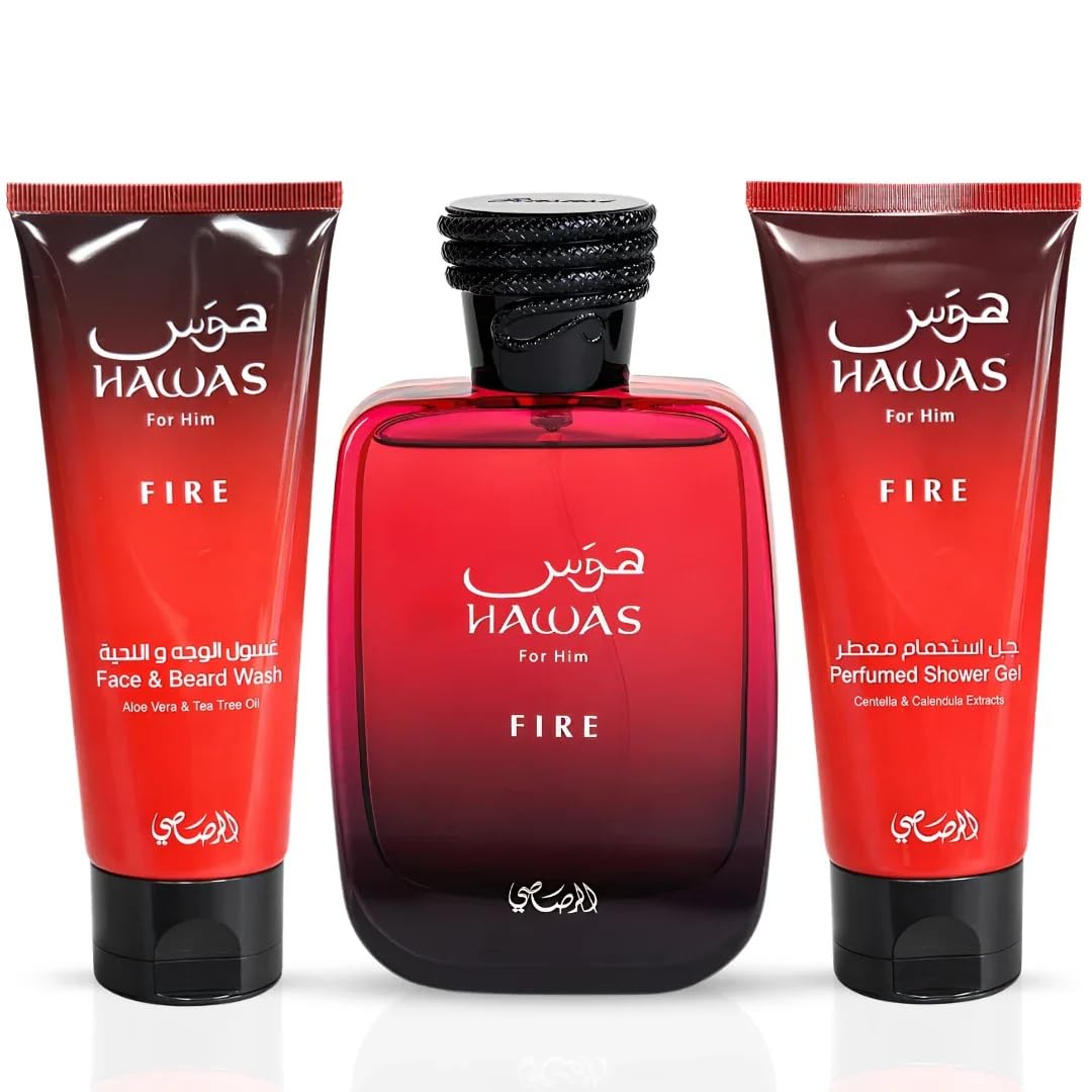 Close-up of RASASI Hawas Fire Eau de Parfum bottle 100ml