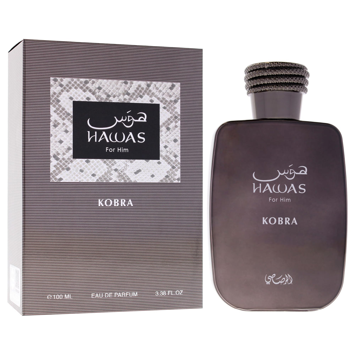 Close-up of RASASI Hawas Kobra bottle and cap