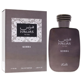 Close-up of RASASI Hawas Kobra bottle and cap