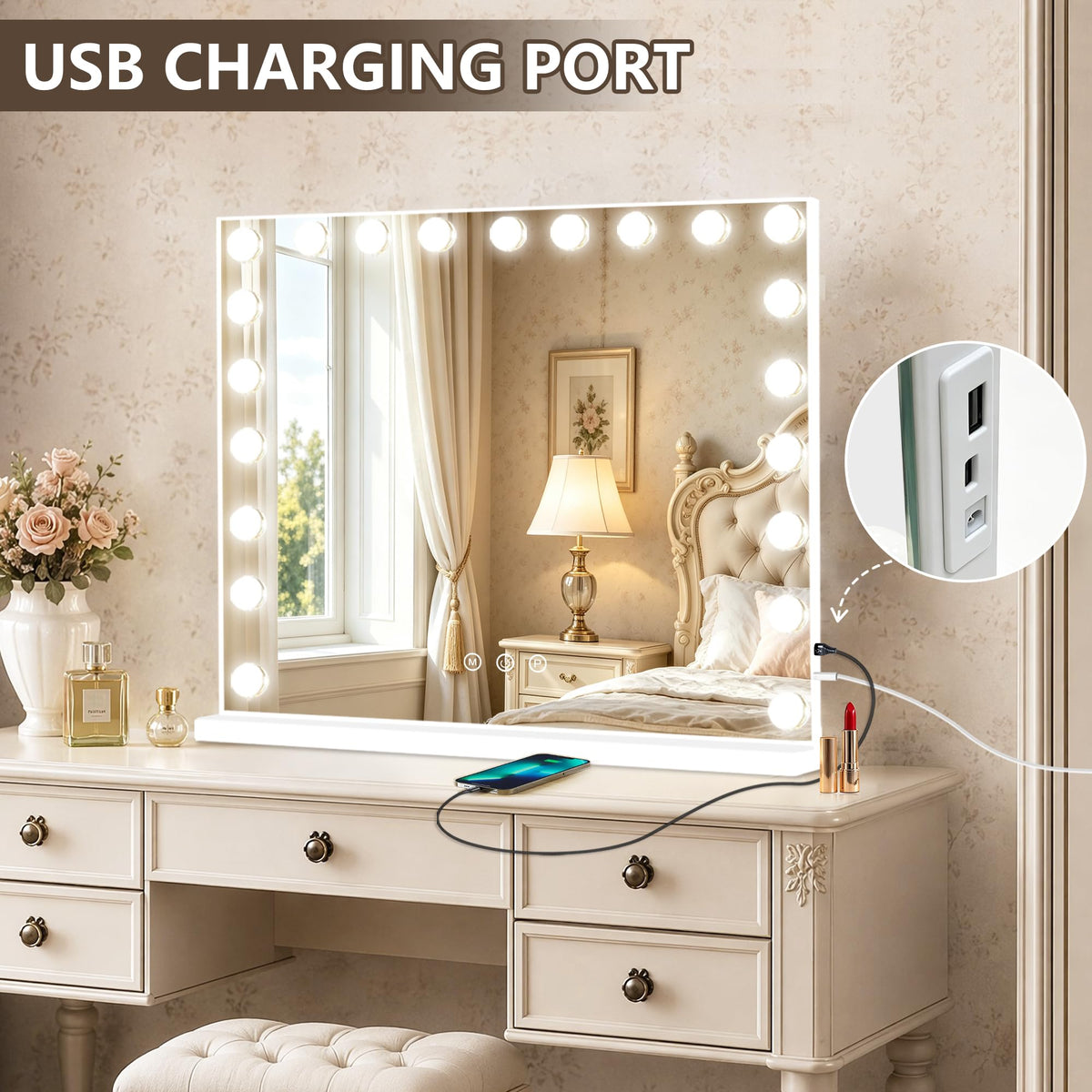 Close-up of Ratsamee Vanity Mirror showing light settings
