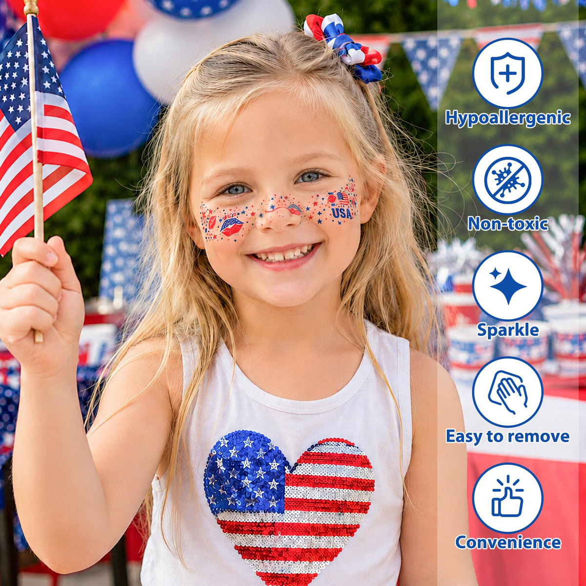 Close-up of red, white, and blue star face tattoos