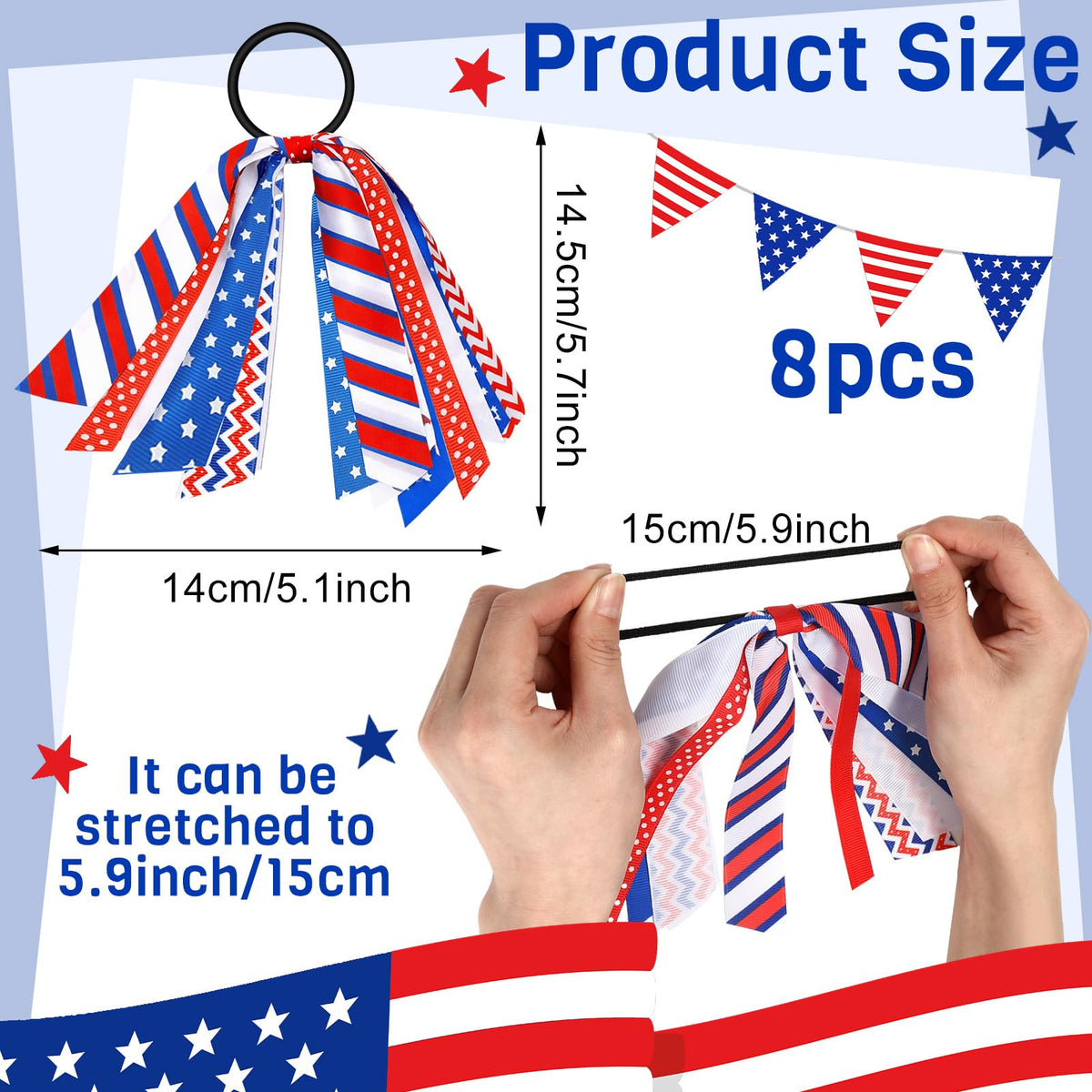 Close-up of Retrowavy satin hair scrunchies with red white blue ribbons