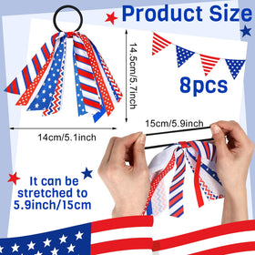 Close-up of Retrowavy satin hair scrunchies with red white blue ribbons