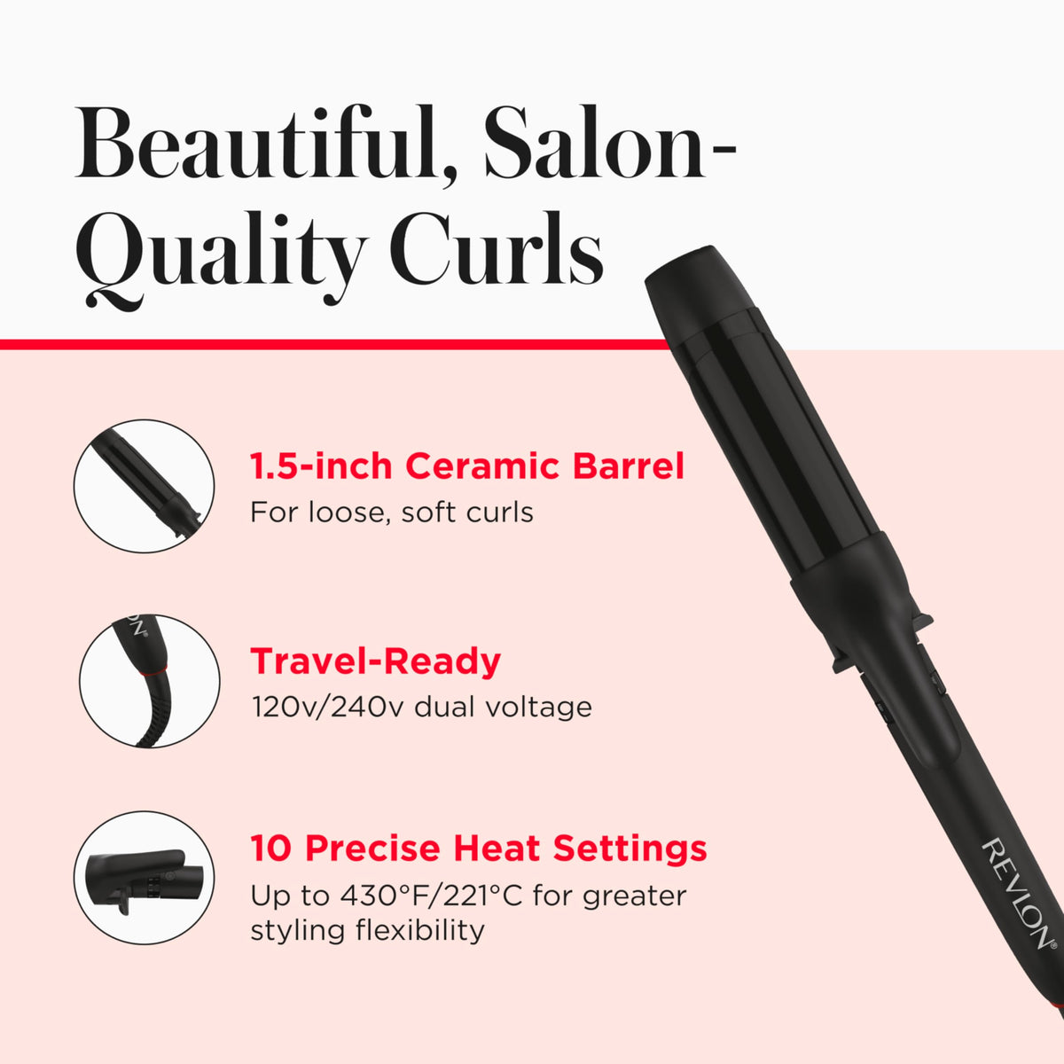 Close-up of REVLON SmoothStay curling iron barrel infused with coconut oil