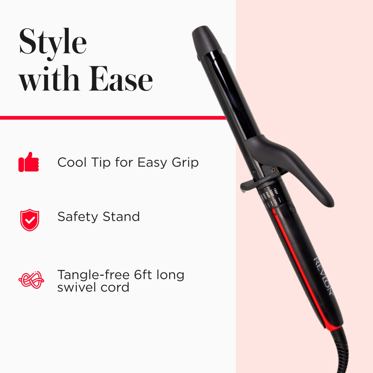 Close-up of REVLON SmoothStay Curling Iron's on/off button