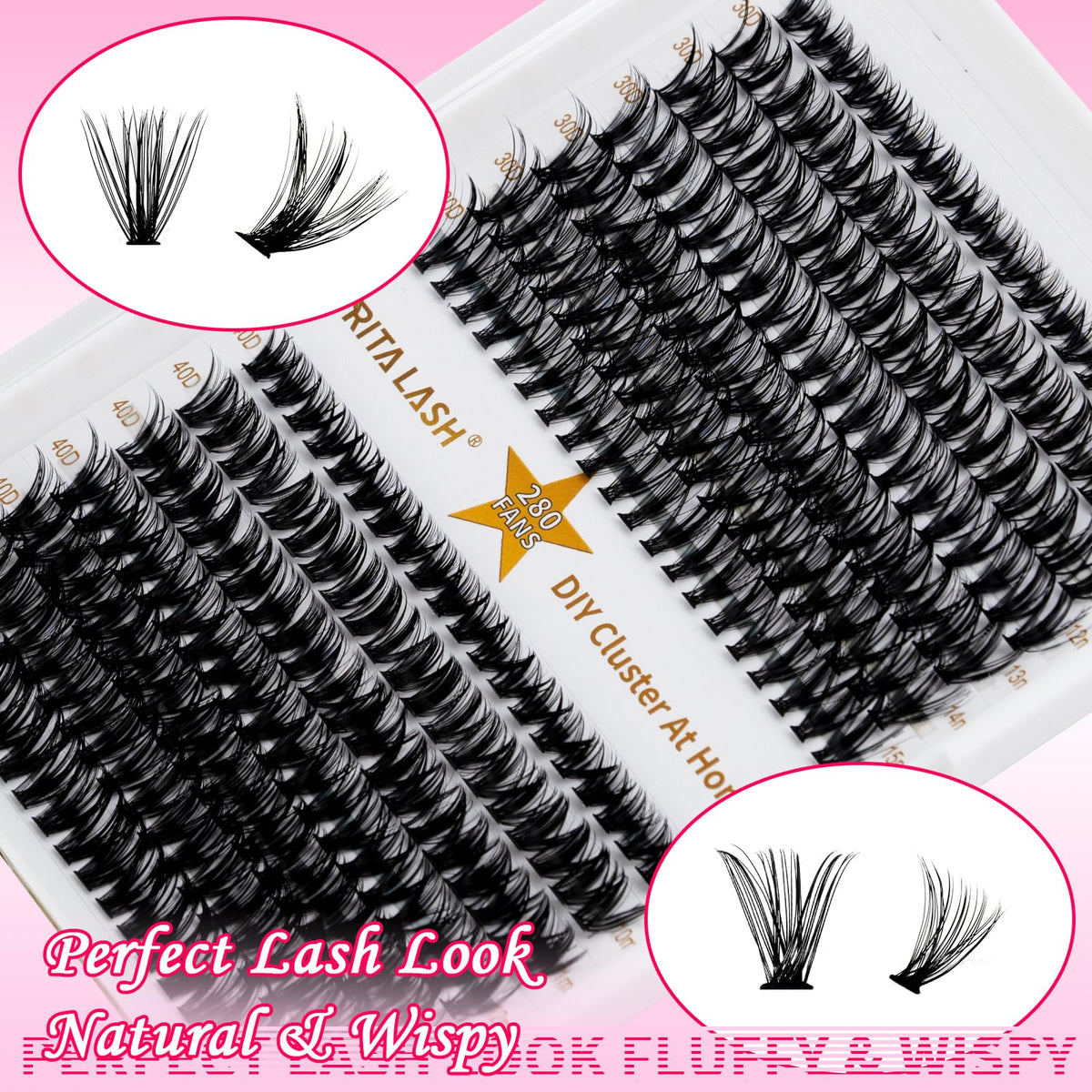 Close-up of RITALASH cluster lashes in tray