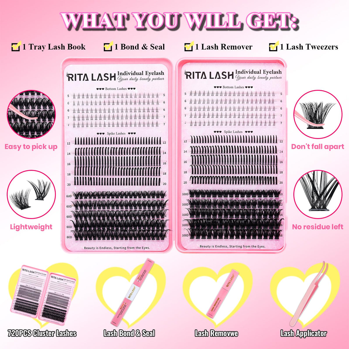 Close-up of RITALASH cluster lashes in various styles