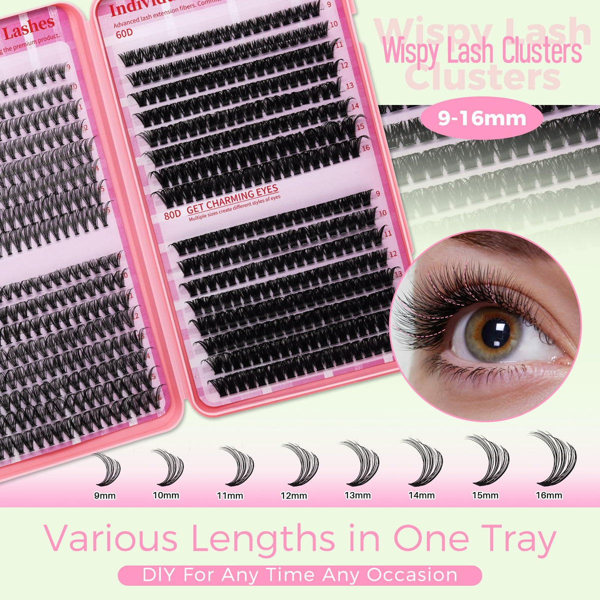 Close-up of RITALASH cluster lashes showing different styles