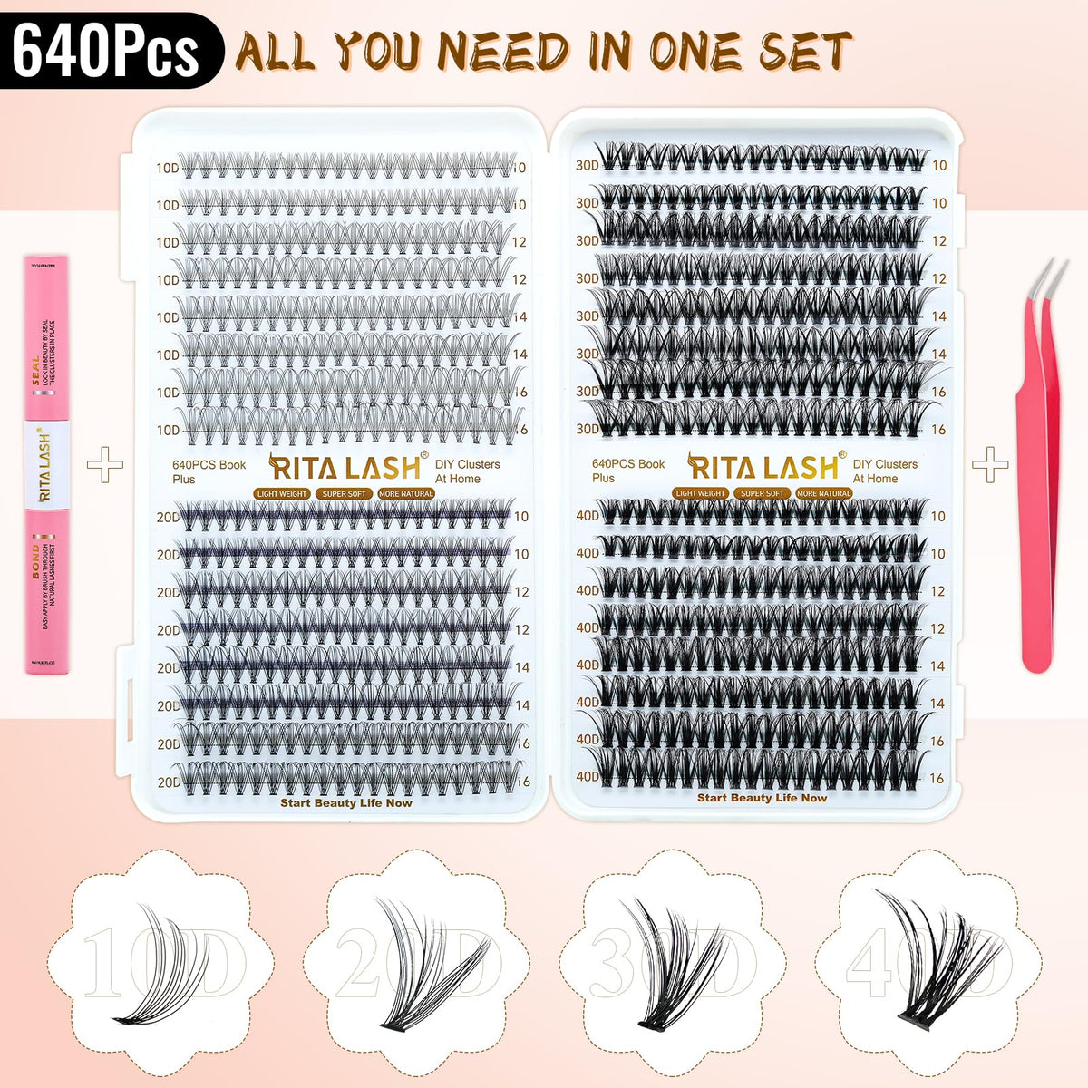 Close-up of RITALASH lash clusters in various lengths