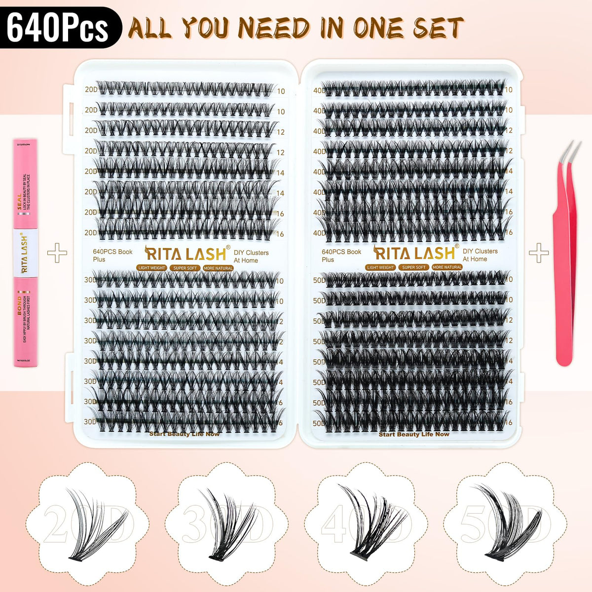 Close-up of RITALASH wispy lash clusters in various lengths