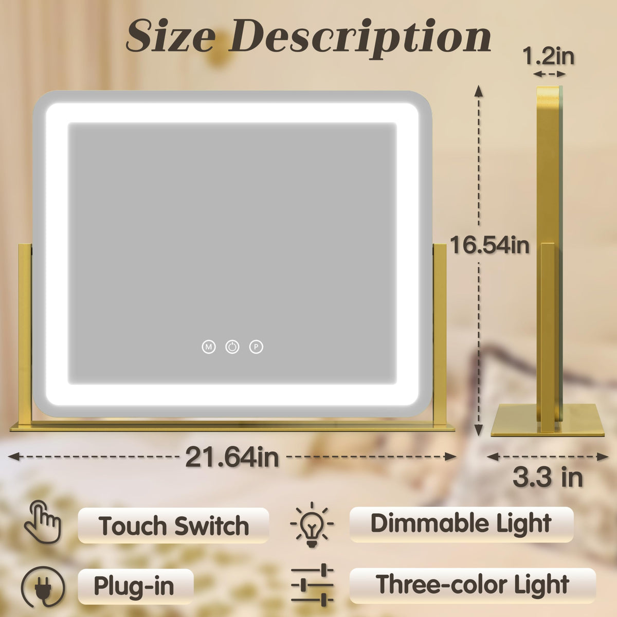 Close-up of ROLOVE Gold Vanity Mirror smart touch dimming feature