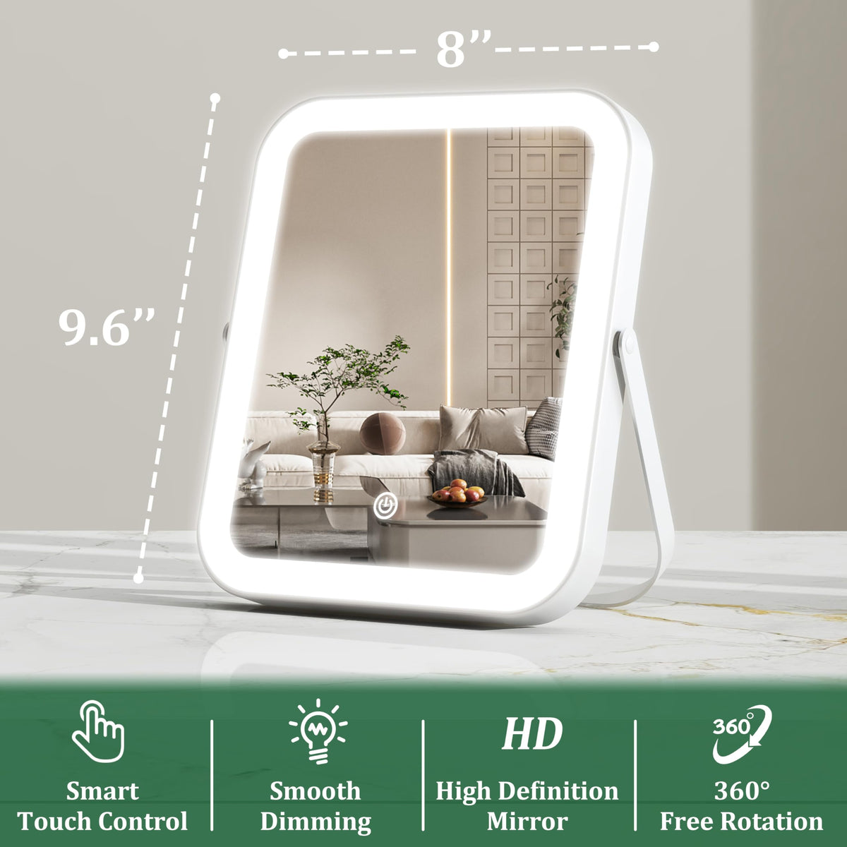 Close-up of ROLOVE vanity mirror in warm light mode
