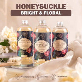 Close-up of ROMIIE ZOI Liquid Hand Soap Refill bottle with honeysuckle scent