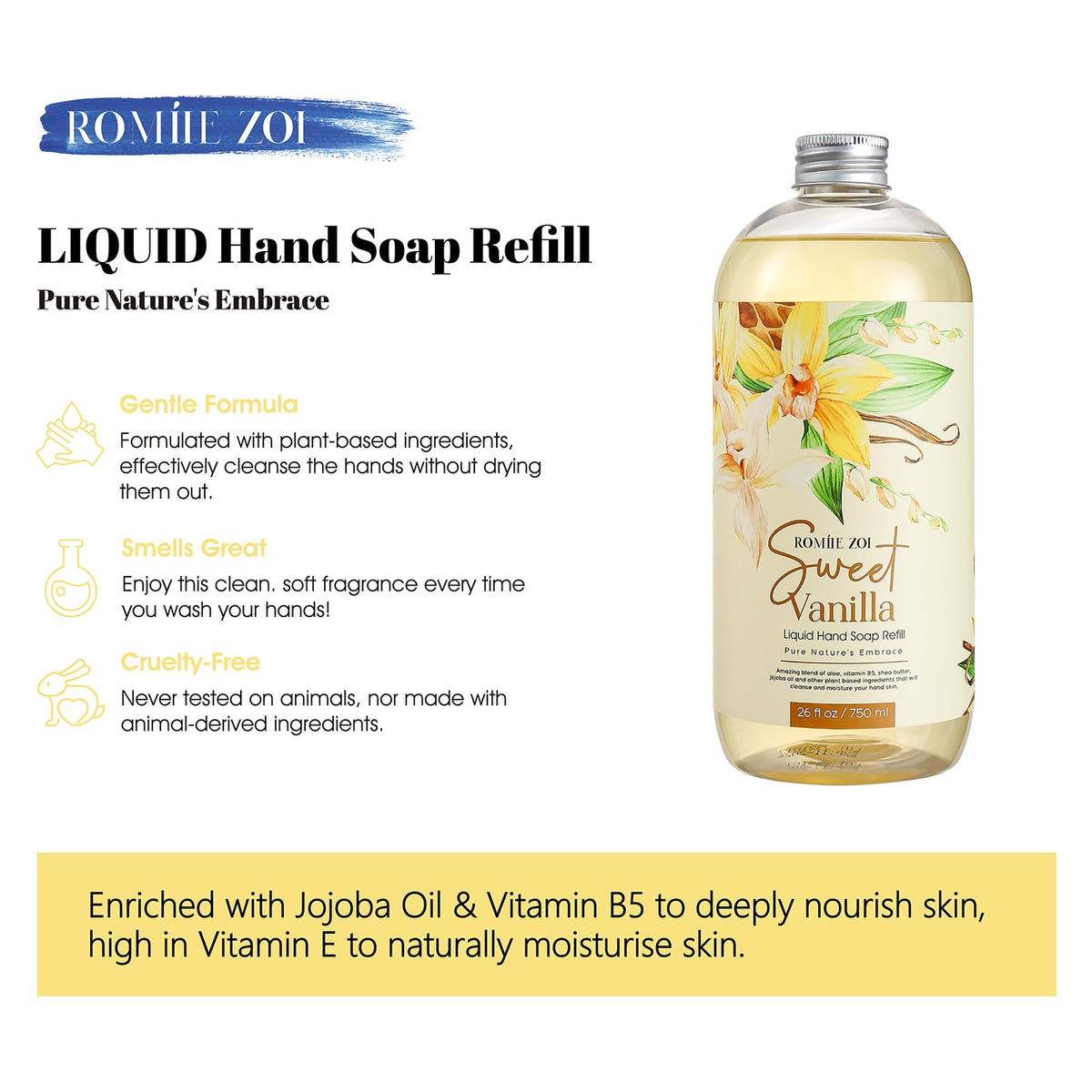 Close-up of ROMIIE ZOI Liquid Hand Soap Refill Sweet Vanilla label