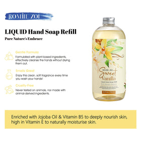 Close-up of ROMIIE ZOI Liquid Hand Soap Refill Sweet Vanilla label