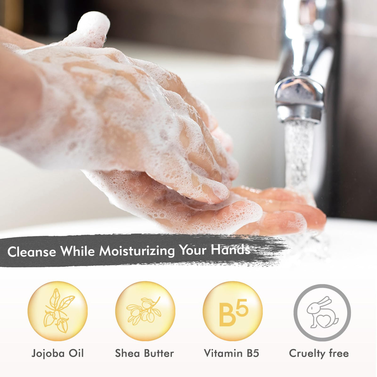 Close-up of ROMIIE ZOI Liquid Hand Soap texture and packaging