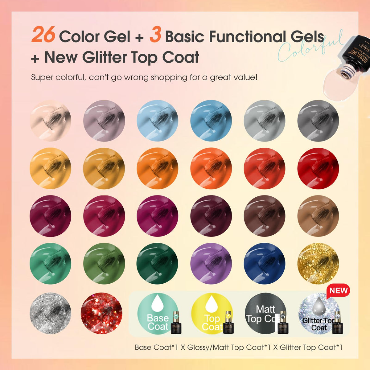 Close-up of ROSALIND gel polish bottles in various colours
