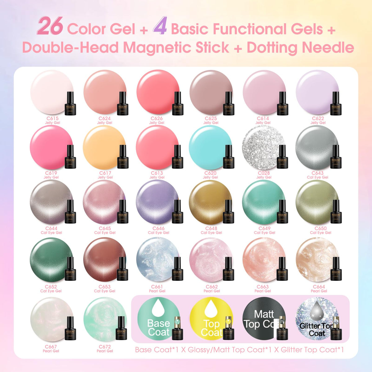 Close-up of ROSALIND gel polish bottles showcasing pastel jelly colours