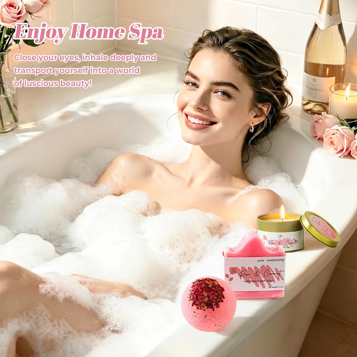 close-up of rose bath bomb in spa gift set