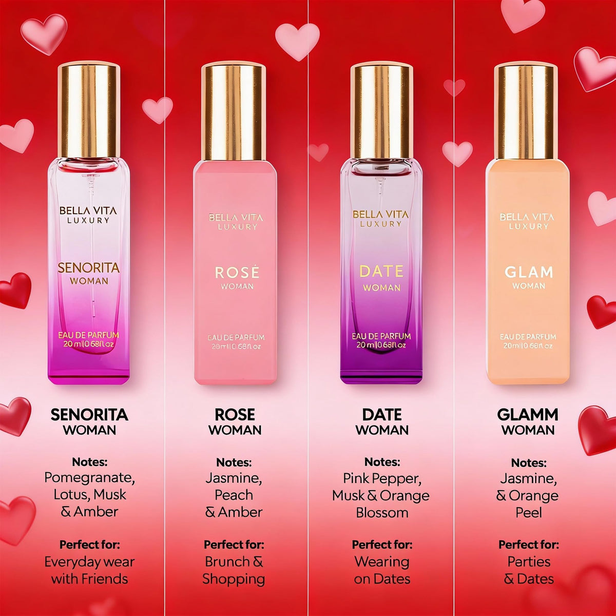 Close-up of ROSE perfume bottle from Bella Vita set