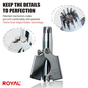 Close-up of ROYAL Nose Hair Trimmer showing dual-edged blades