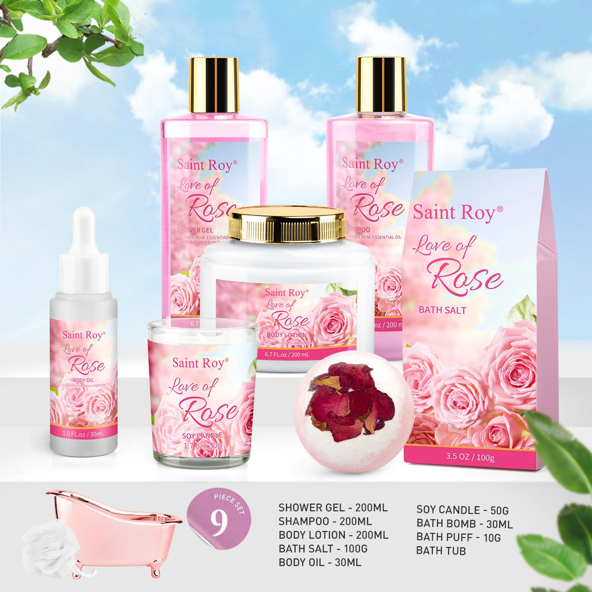 Close-up of Saint Roy Shower Gel and Body Lotion