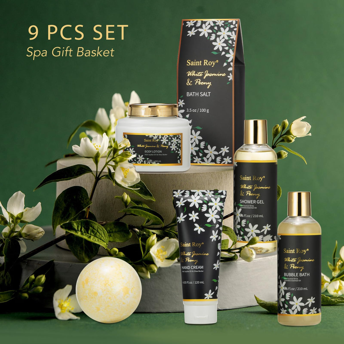 Close-up of Saint Roy shower gel and bubble bath in the gift basket