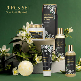 Close-up of Saint Roy shower gel and bubble bath in the gift basket
