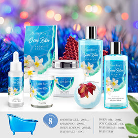 Close-up of Saint Roy Shower Gel and Shampoo bottles