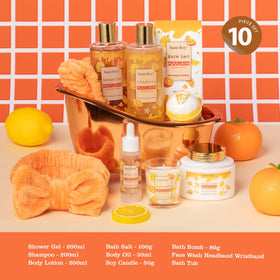 Close-up of Saint Roy shower gel and shampoo bottles in the spa gift set