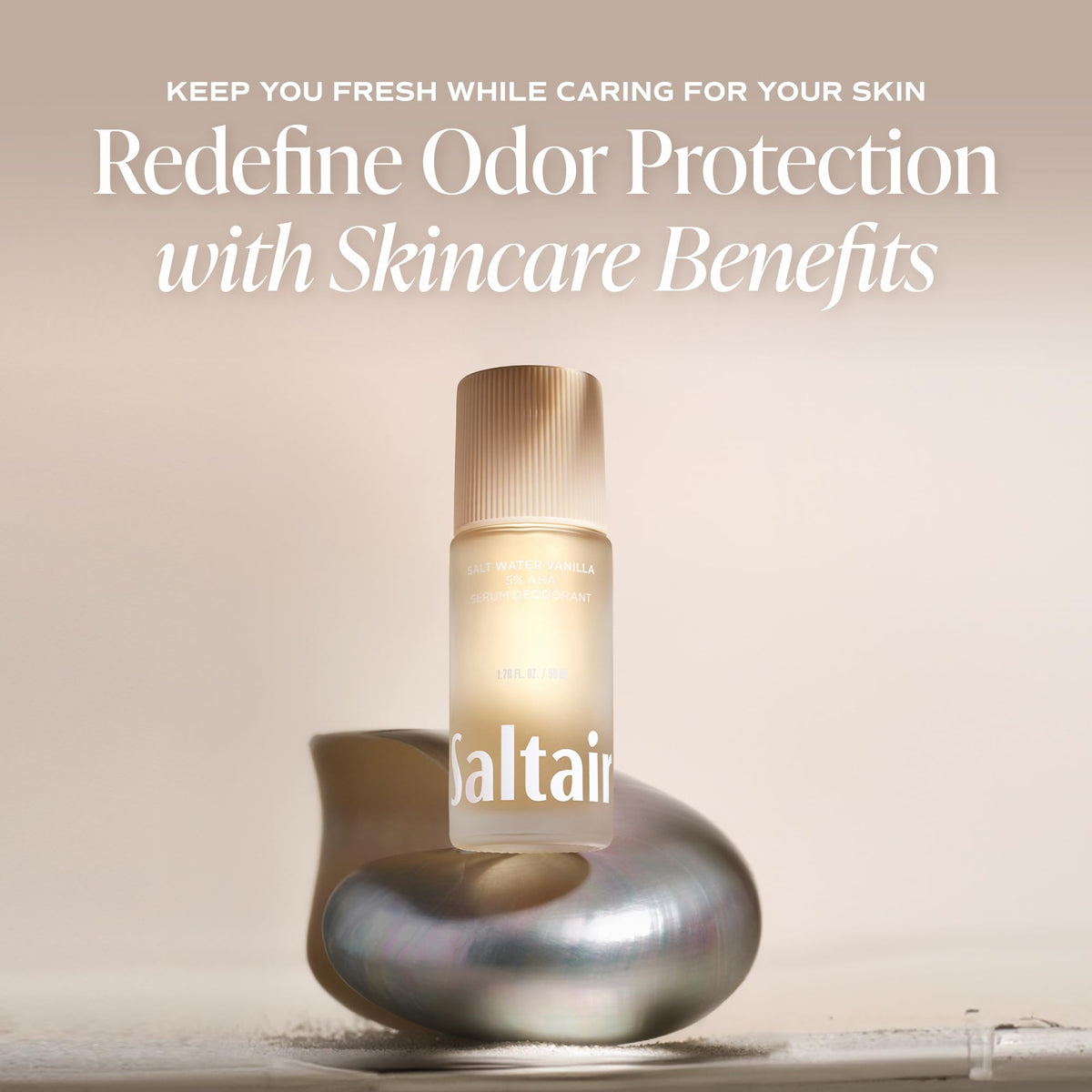 Close-up of Saltair Serum Deodorant 5% AHA ingredients list