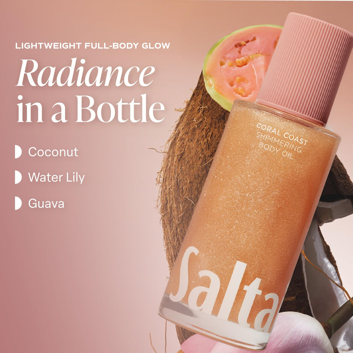 Close-up of Saltair Shimmering Body Oil bottle with shimmer effect