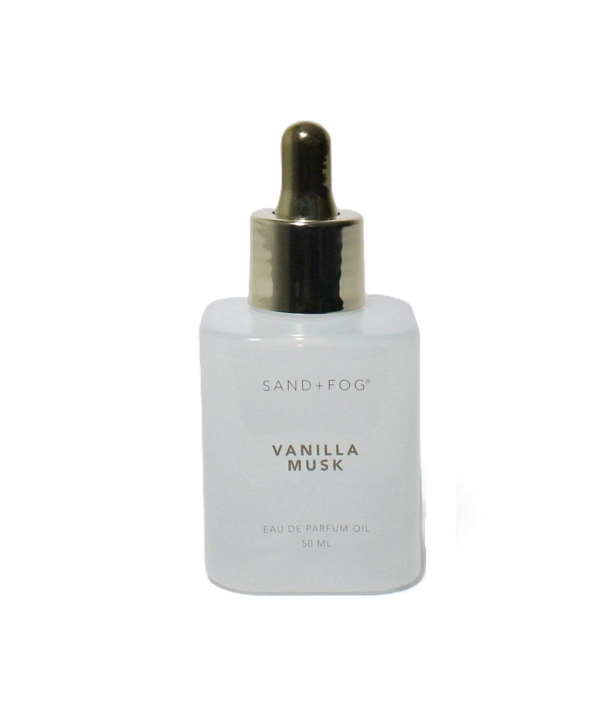 Close-up of Sand + Fog Vanilla Musk Perfume Oil Dropper with label details