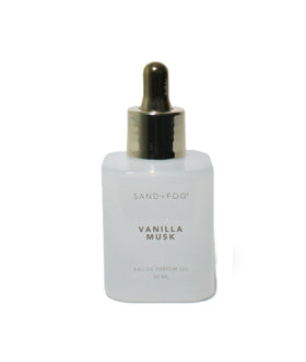 Close-up of Sand + Fog Vanilla Musk Perfume Oil Dropper with label details