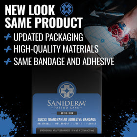 Close-up of Saniderm Tattoo Aftercare Bandage showing size 6 x 8 inch