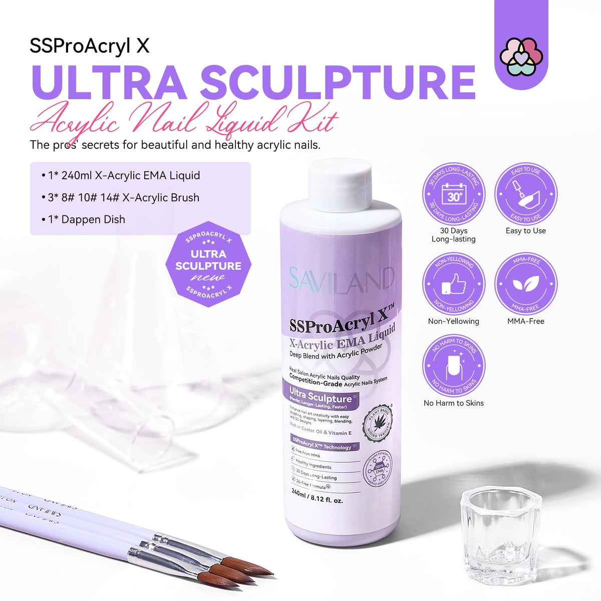 Close-up of SAVILAND acrylic nail brushes included in the kit