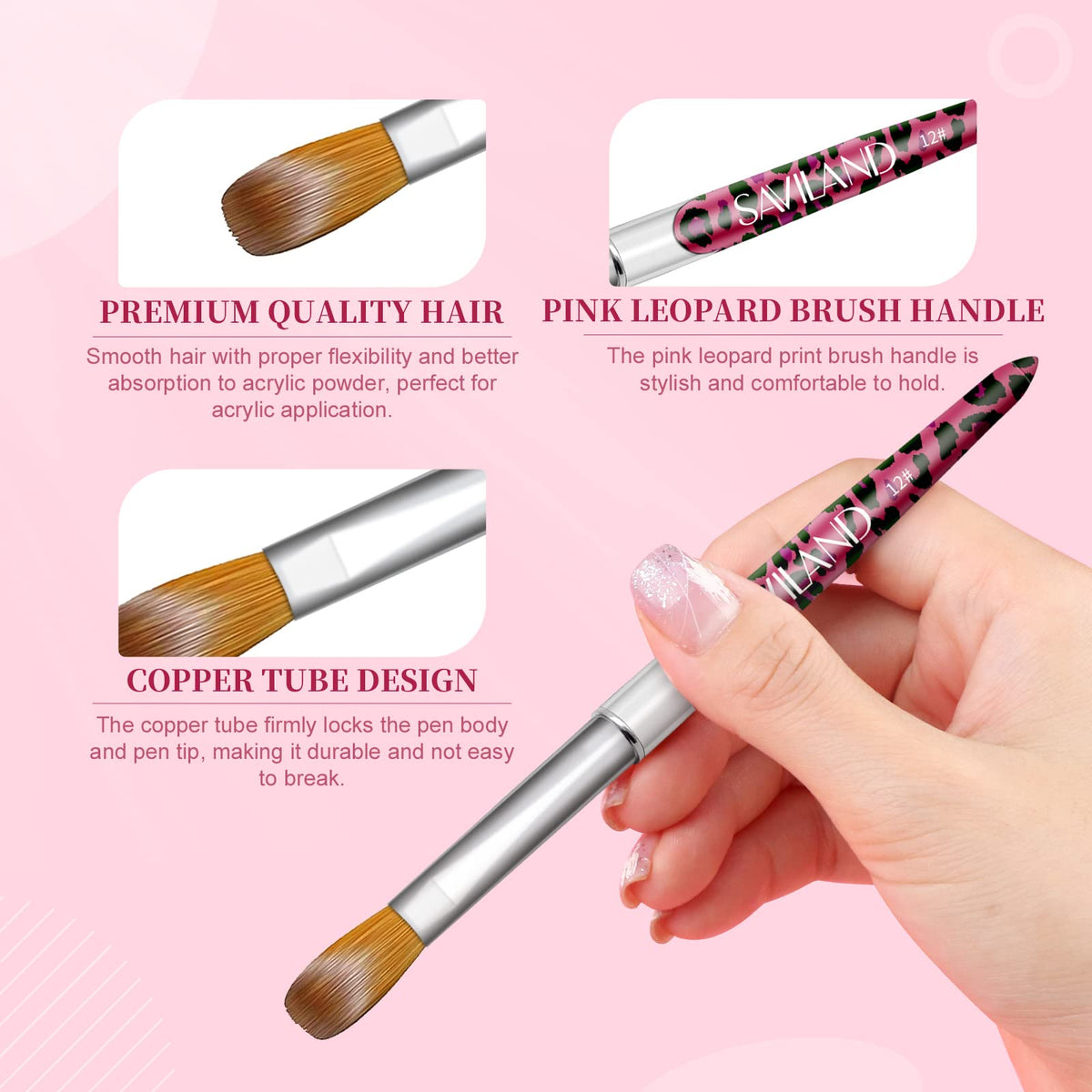 Close-up of SAVILAND acrylic nail brushes showing sizes 8, 10, 12, 14