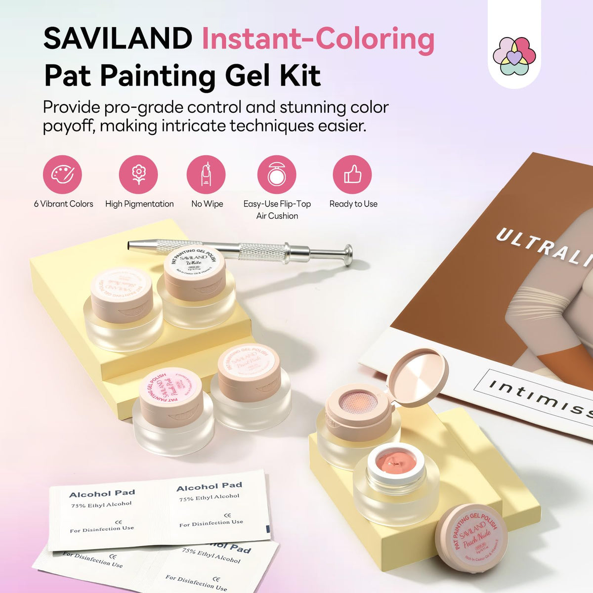 Close-up of SAVILAND gel polish pots in classic colours