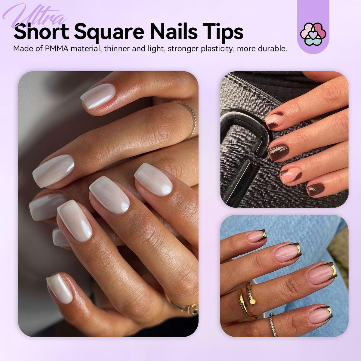 Close-up of SAVILAND nail glue gel and short square nail tips
