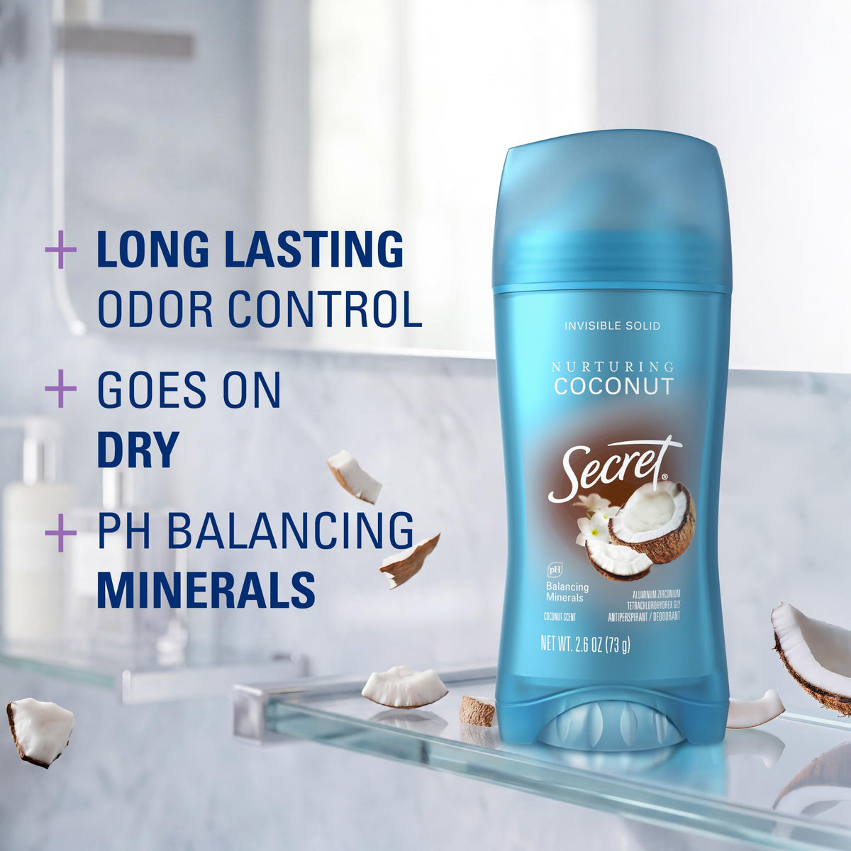 Close-up of Secret Fresh Antiperspirant Deodorant coconut scent label