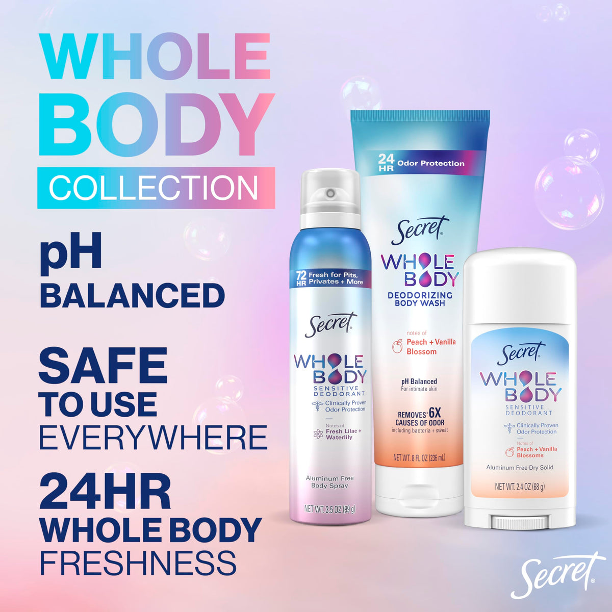 Close-up of Secret Whole Body Deodorant Stick, Peach & Vanilla scent