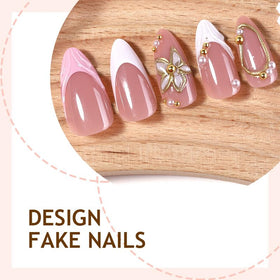 Close-up of SEENEEY Almond Press on Nails showing 3D flower design