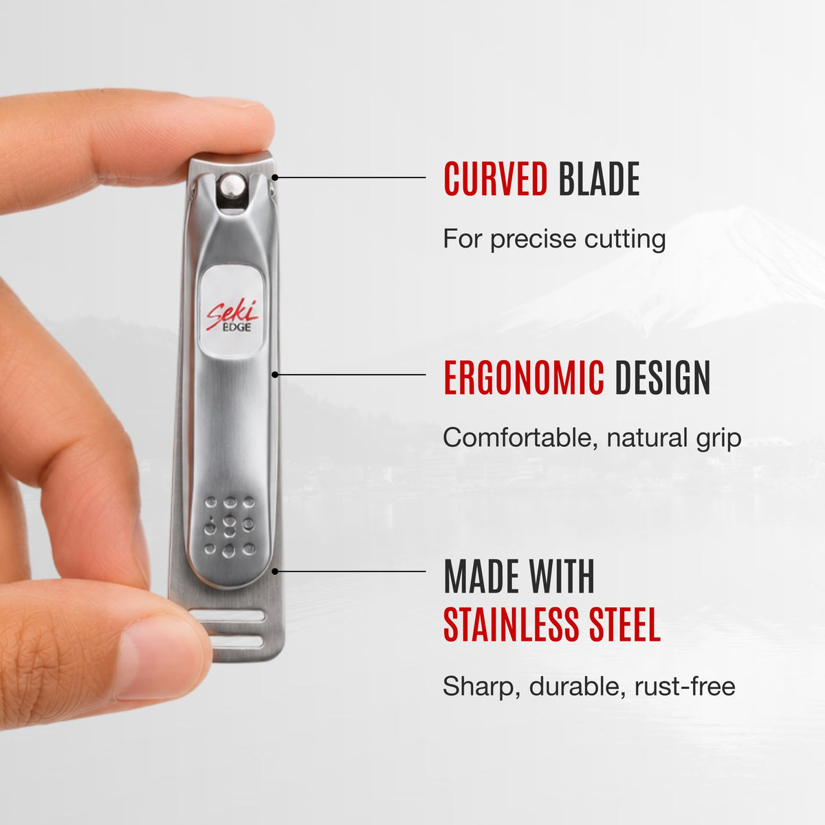 Close-up of Seki EDGE Nail Clippers showing ergonomic grip