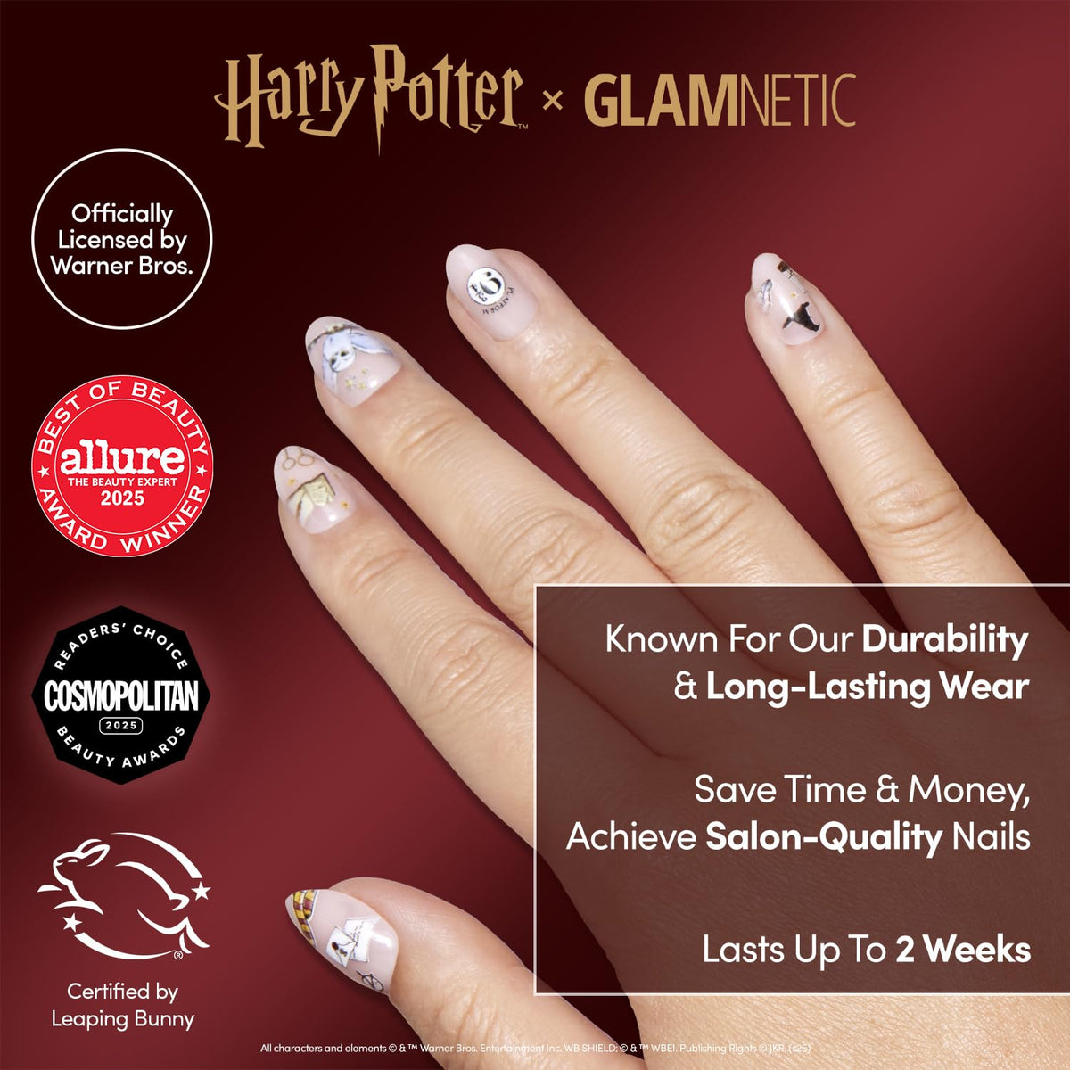 Close-up of semi-transparent Hogwarts graphic nails