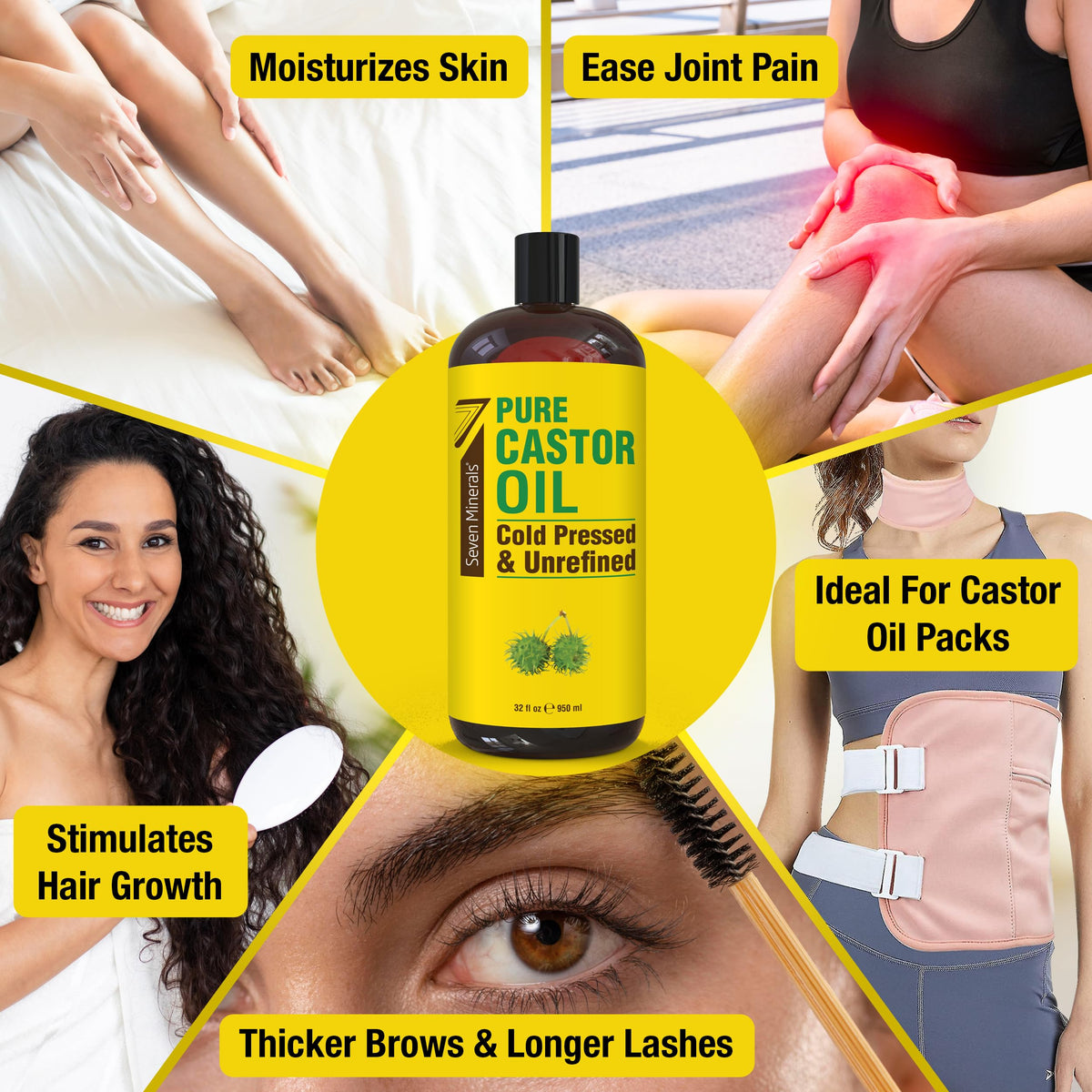 Close-up of Seven Minerals Castor Oil bottle with label