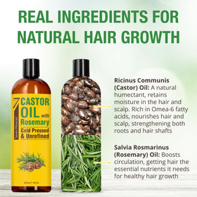 Close-up of Seven Minerals Castor Oil bottle with rosemary
