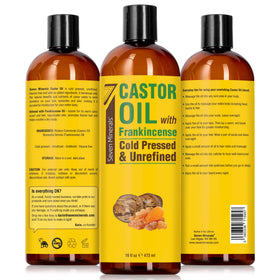 Close-up of Seven Minerals Castor Oil with Frankincense ingredients