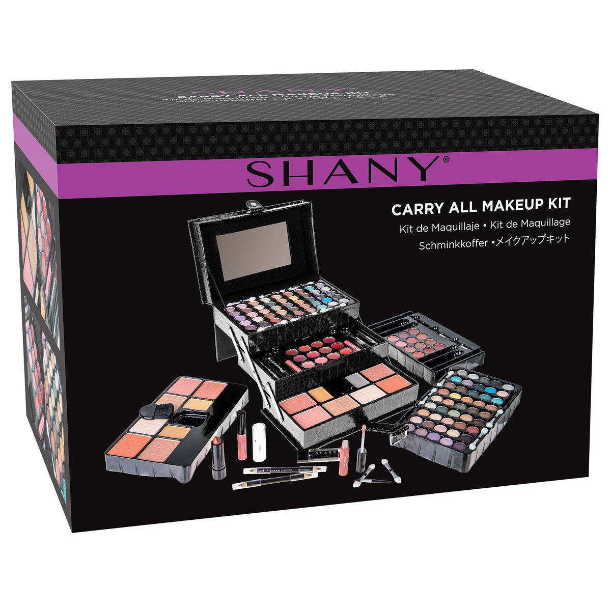 Close-up of SHANY eyeshadow shades in makeup set