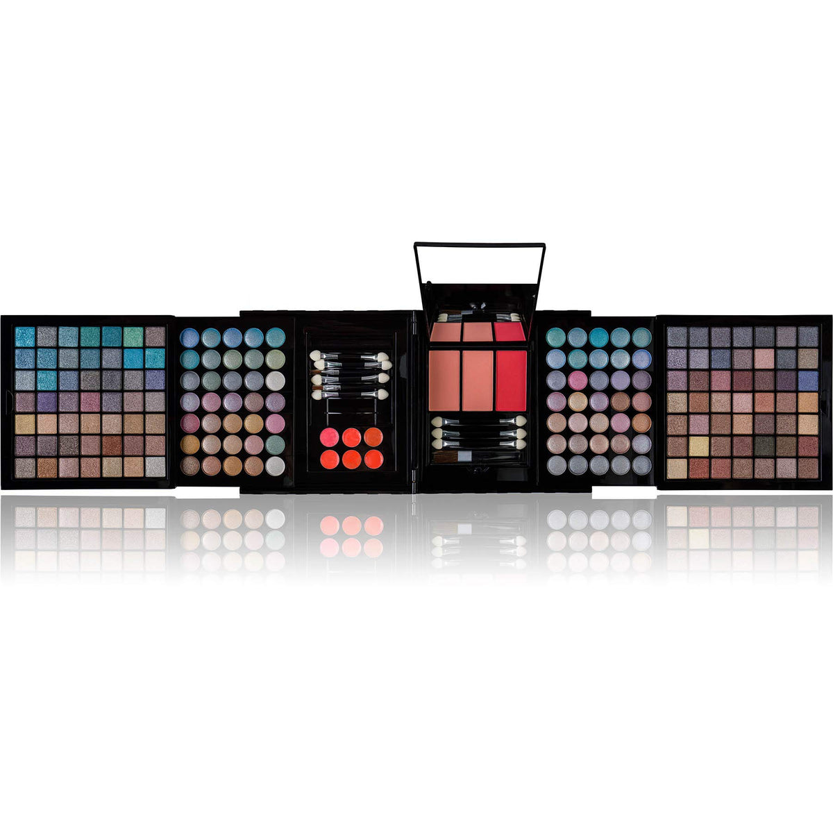Close-up of SHANY shimmer eye shadows in the makeup palette